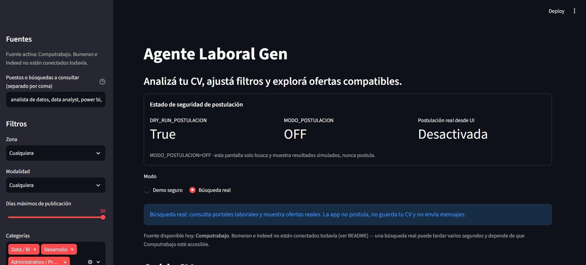 Agente Laboral Gen — pantalla principal de la app en Streamlit